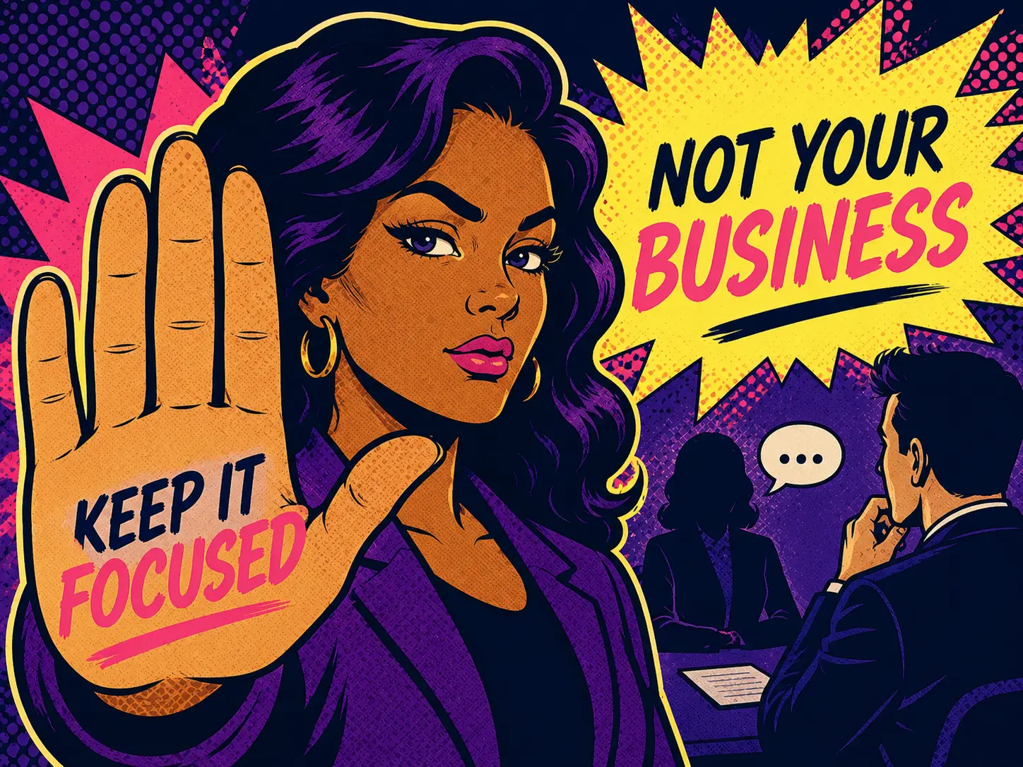Pop art comic-style illustration of a confident job candidate holding up a stop gesture during an interview with the words "Not Your Business" and "Keep It Focused," representing avoiding personal oversharing in job interviews.