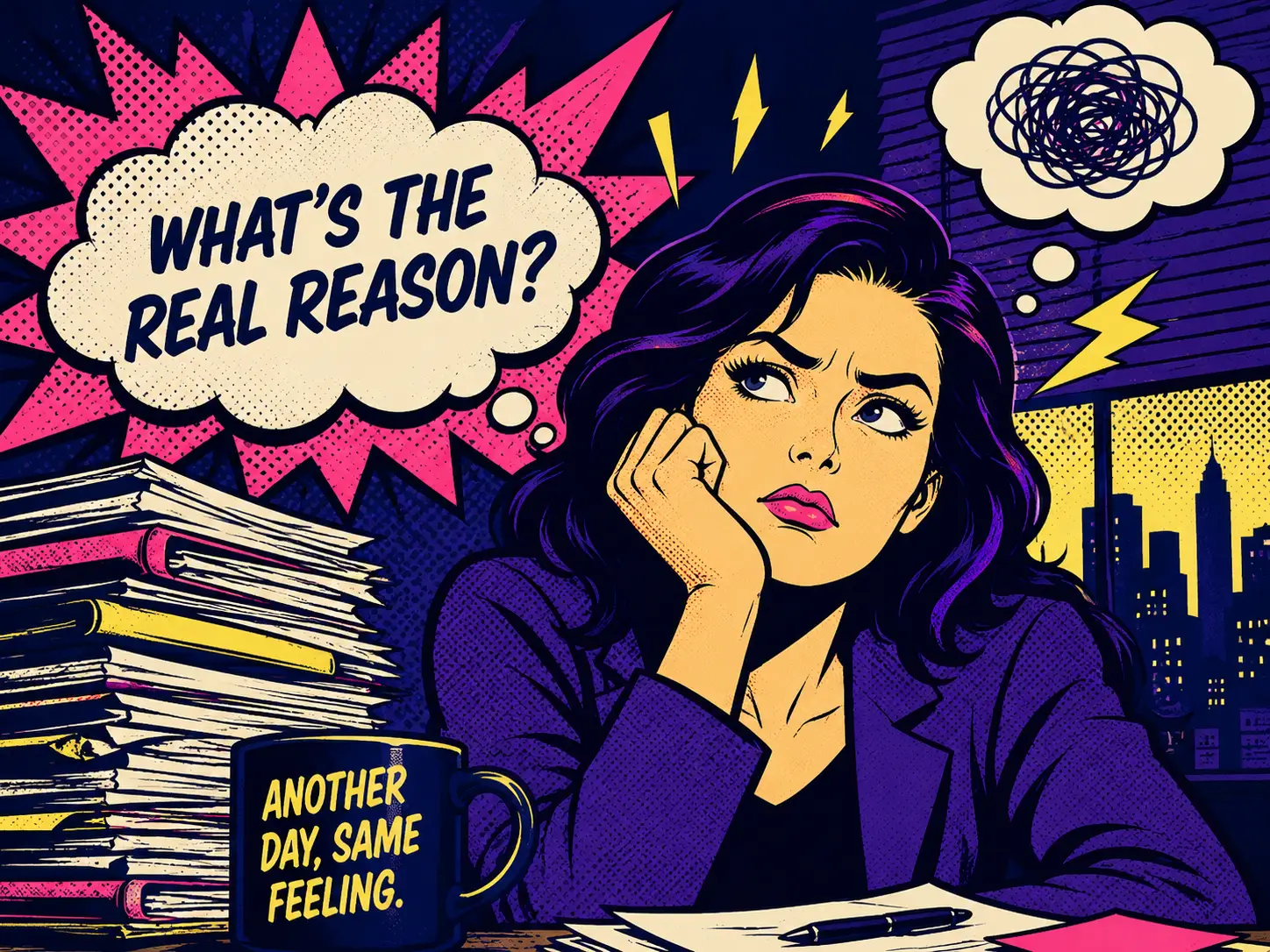 Pop art comic-style illustration of a frustrated office worker staring into the distance at a cluttered desk while questioning why every new job ends the same way. Bright pink, purple, navy, yellow, and off-white colors with halftone textures and bold comic elements.