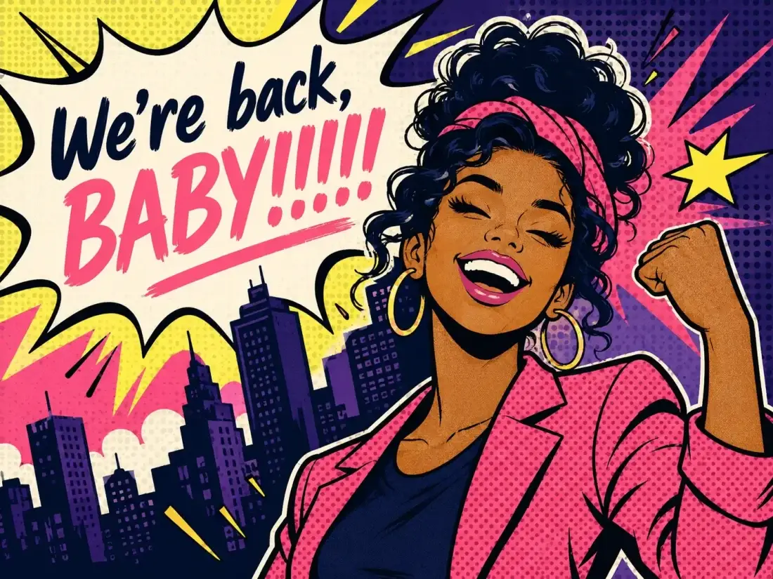 Pop art comic-style illustration of a joyful woman celebrating with a raised fist against a colorful city backdrop, symbolizing how the right opportunity can come back around after rejection.