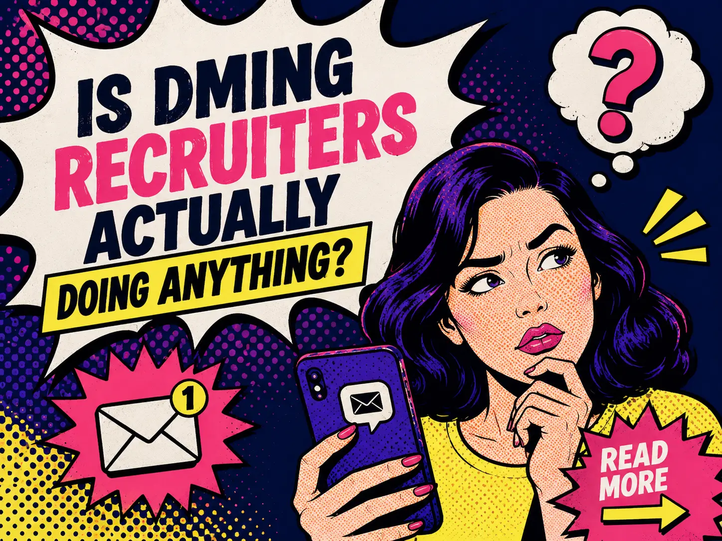 Pop art illustration of a person looking thoughtfully at a smartphone displaying a direct message icon, surrounded by comic-style question marks and speech bubbles, representing the question of whether messaging recruiters helps job seekers.