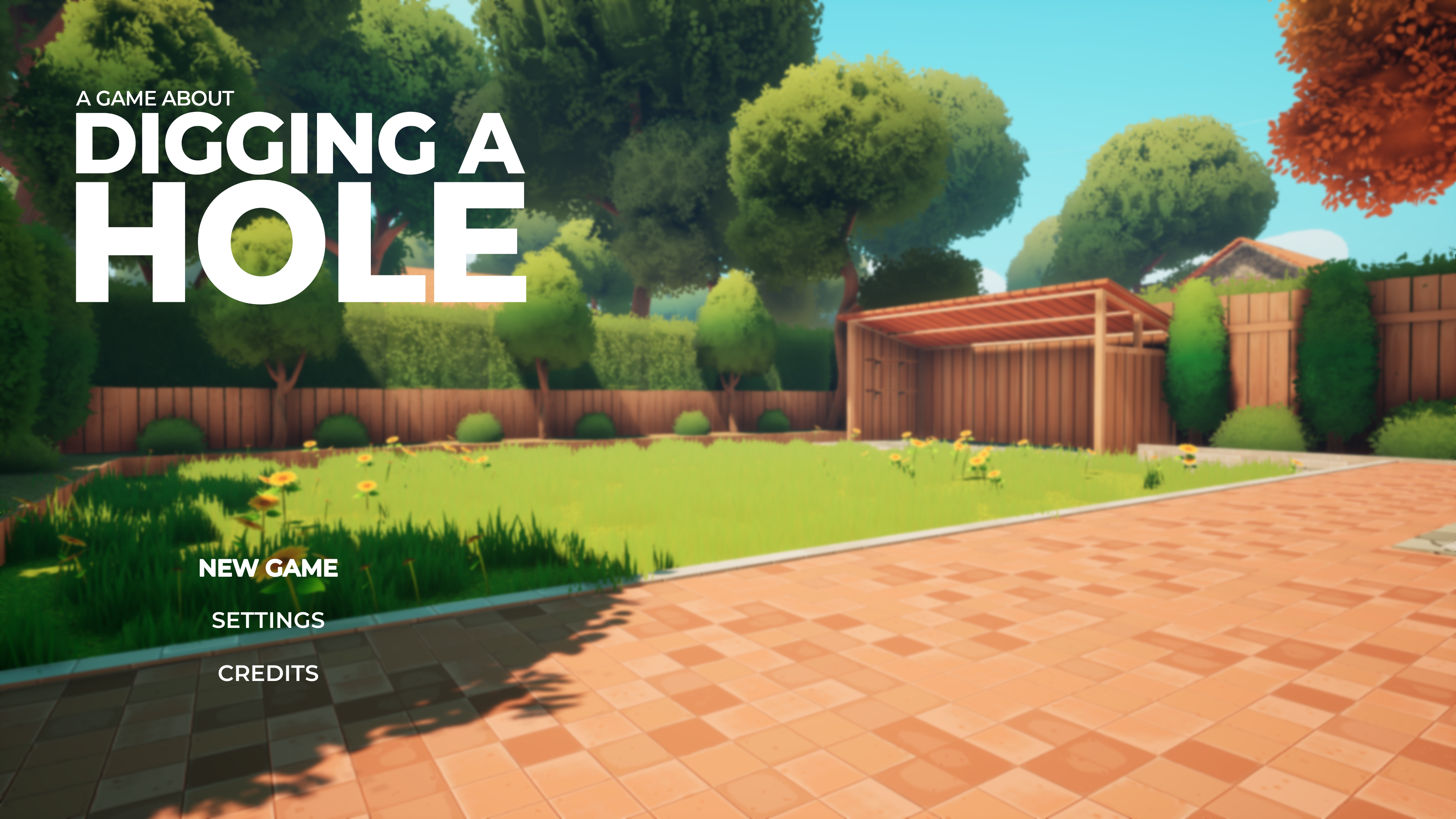 Gameplay screenshot of A Game About Digging A Hole featuring a suburban backyard with a house, shovel, and dirt underground.