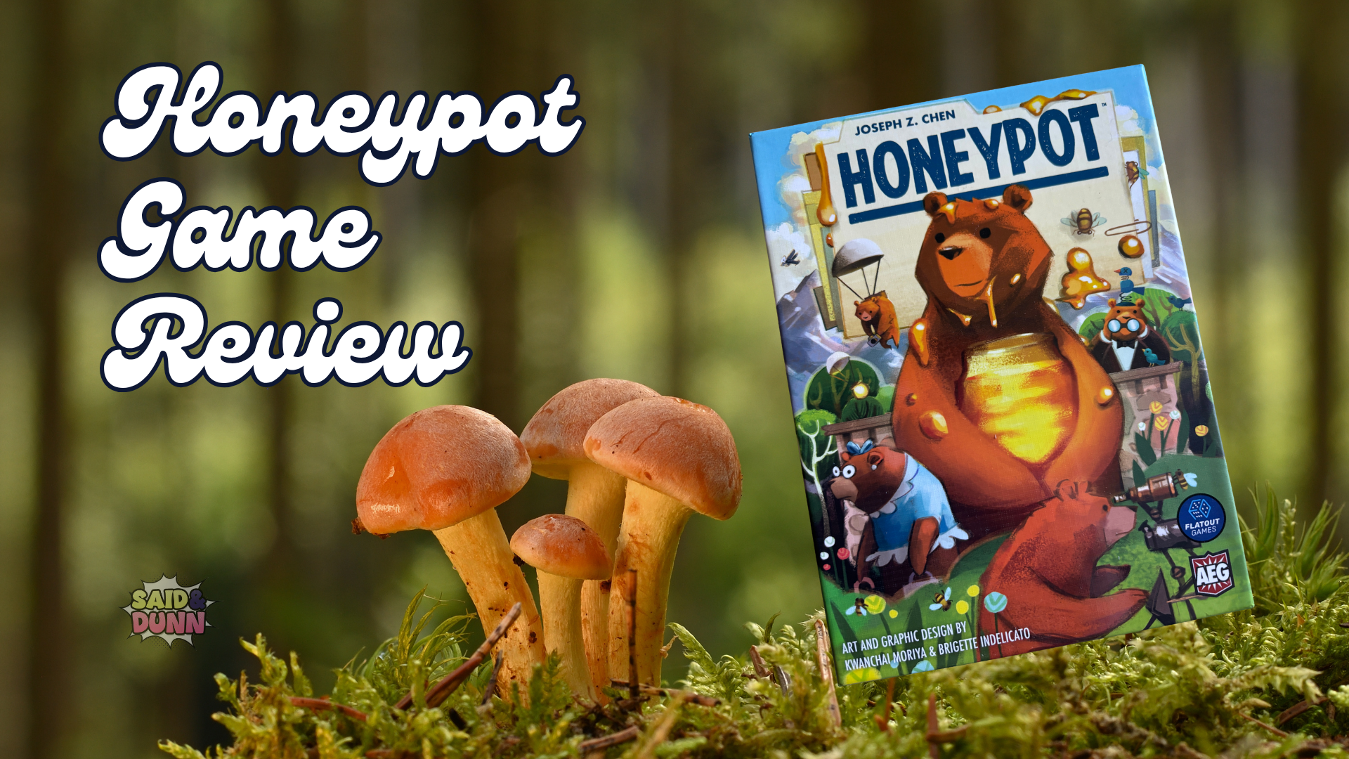 A colorful graphic for a board game review featuring the Honeypot game box and forest elements, with large text reading "Honeypot Game Review."